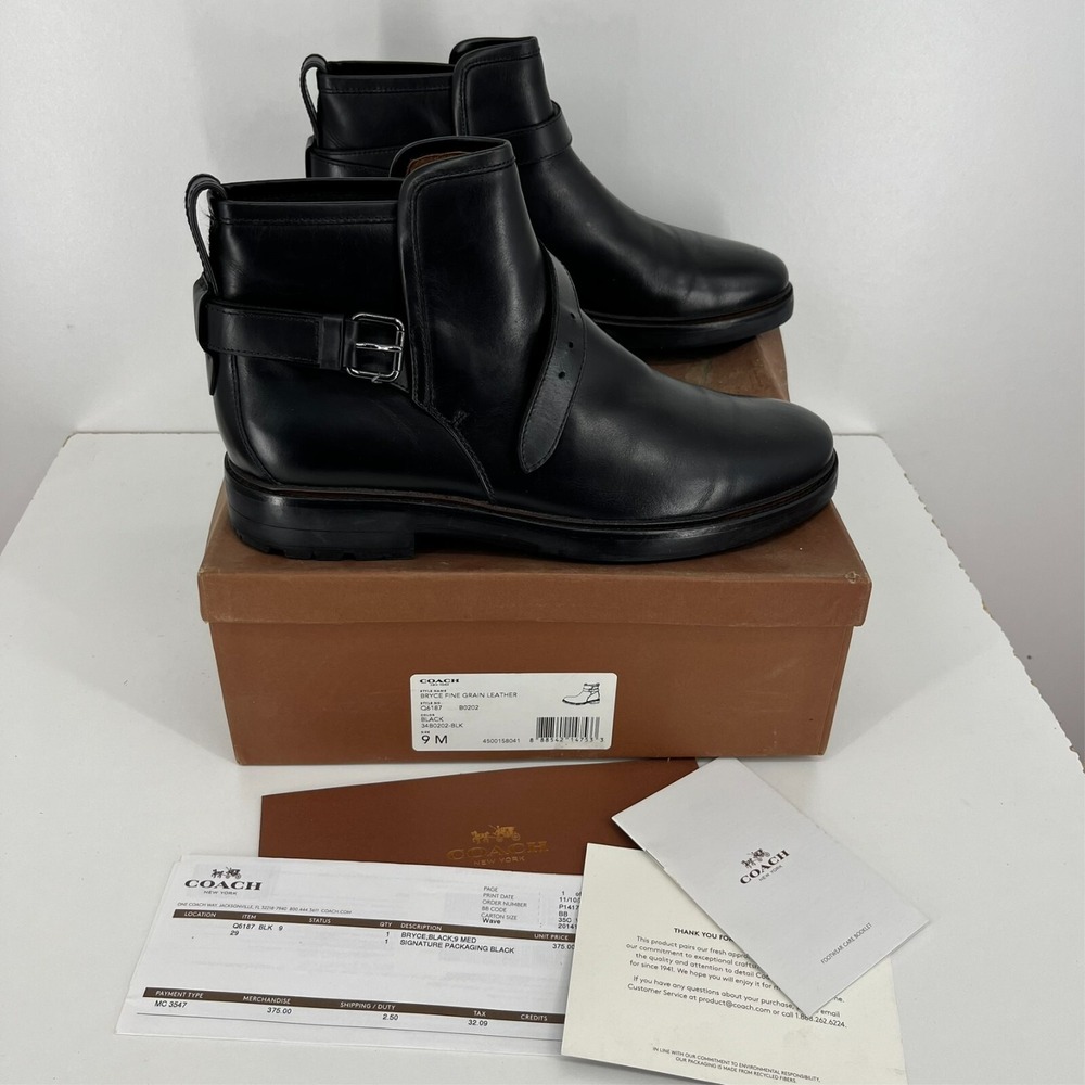 Coach Bryce Fine Grain Leather Boots‎ Black Buckle Men's Size 9 M w/ Box
